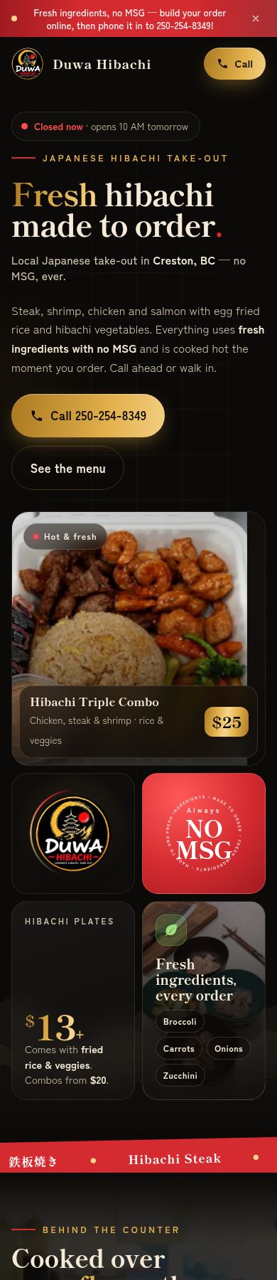 Duwa Hibachi website on a phone