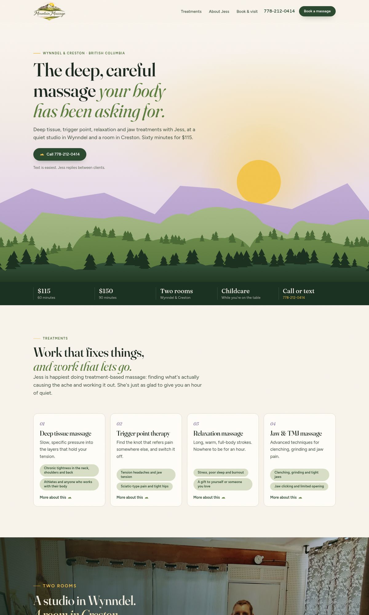 Mountain Massage website on a desktop screen