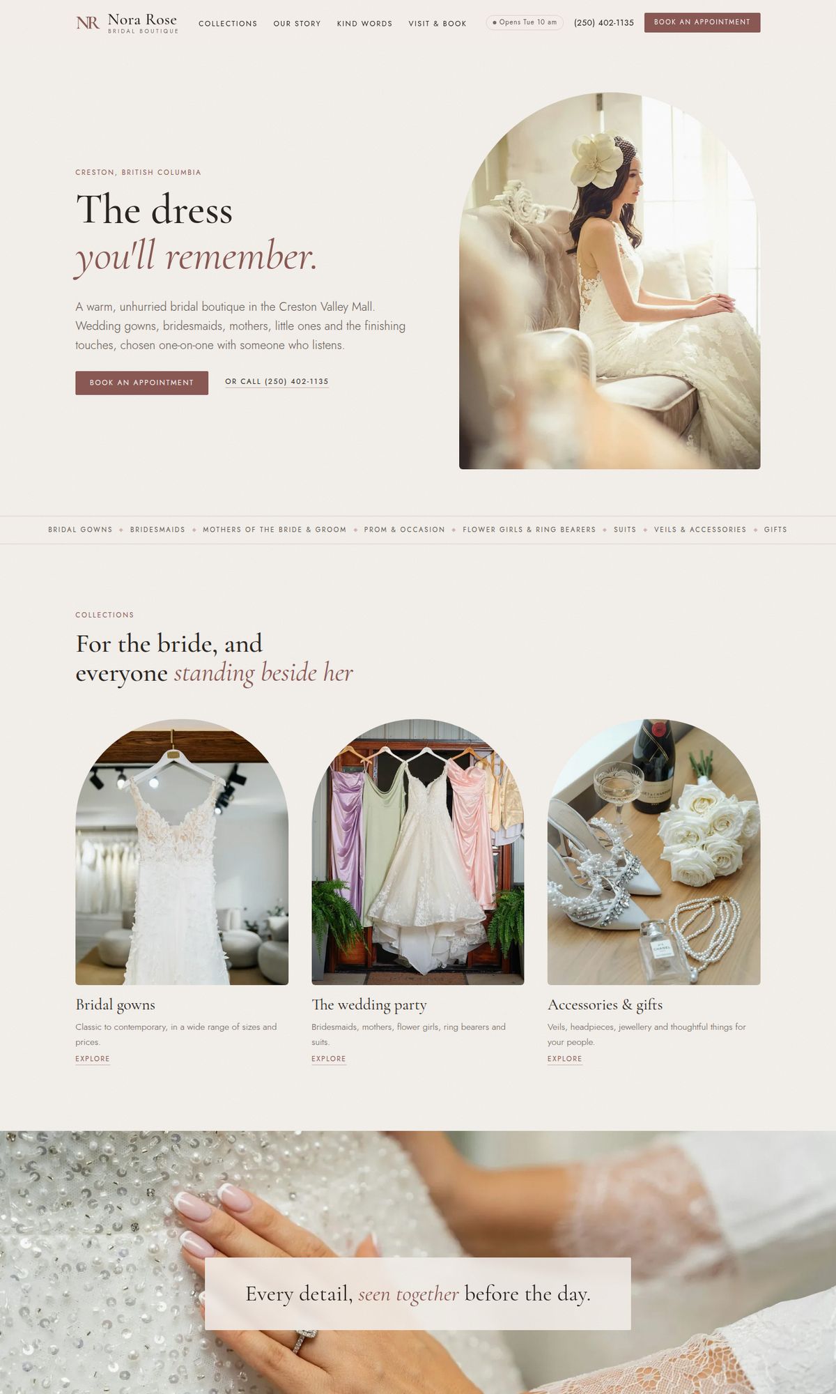 Nora Rose Bridal Boutique website on a desktop screen