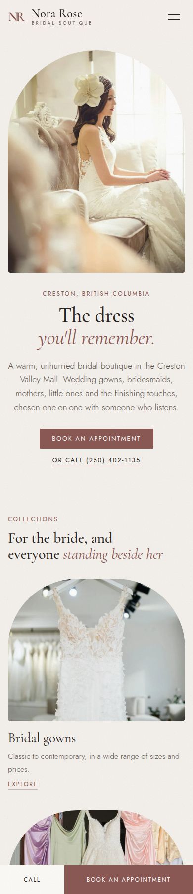 Nora Rose Bridal Boutique website on a phone